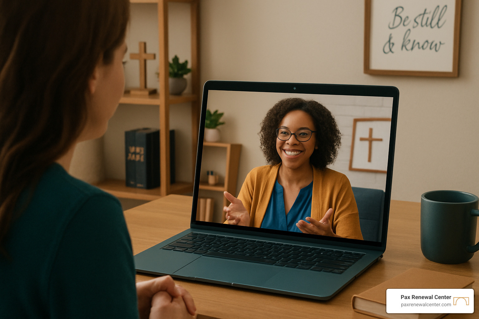Virtual therapy session showing client and counselor connecting through video call with faith-based materials visible - christian counseling lafayette la