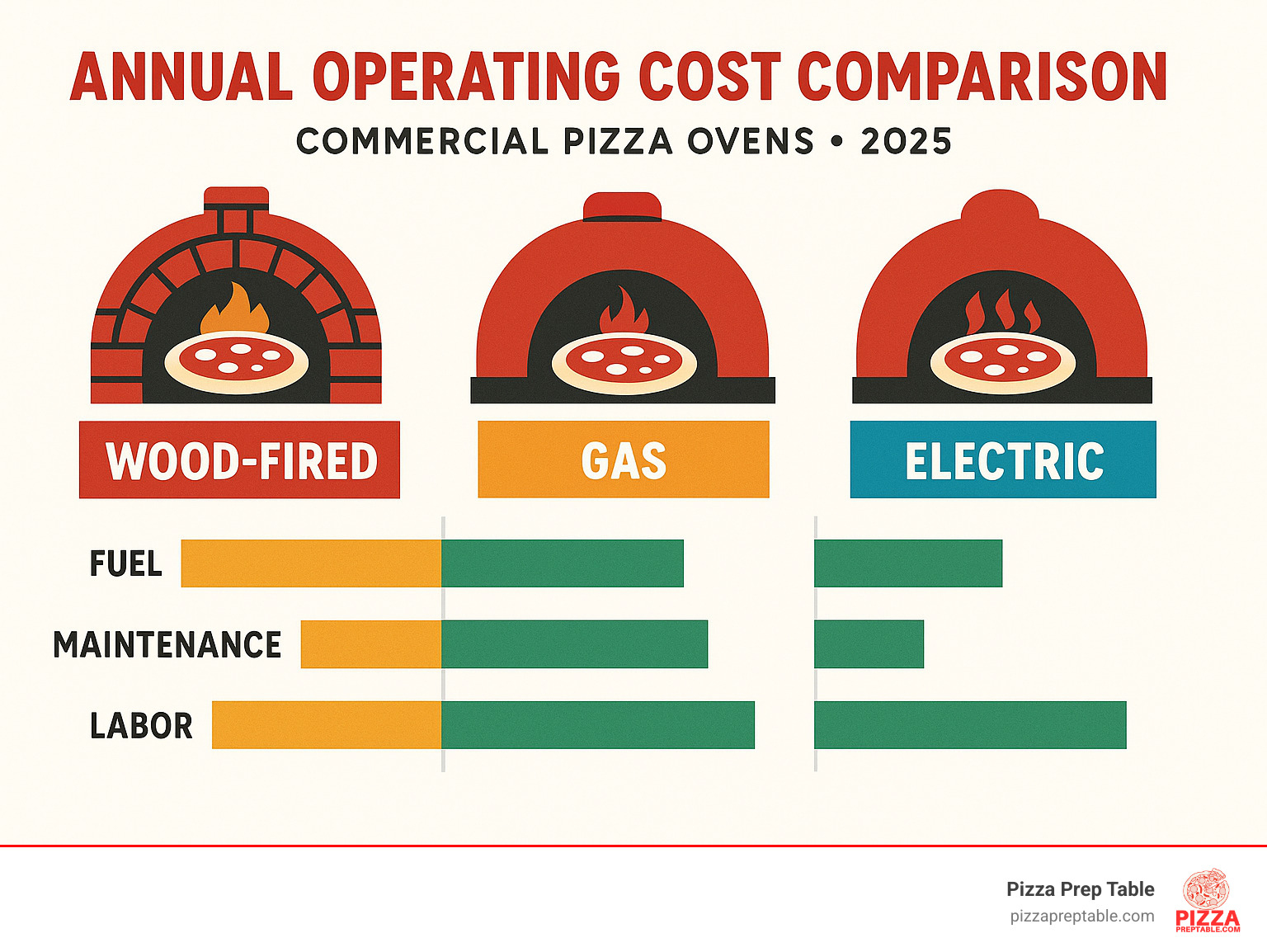 Infographic showing annual operating cost comparison between different commercial pizza oven types, including fuel costs, maintenance expenses, and labor requirements across wood-fired, gas, and electric models - commercial pizza oven infographic 