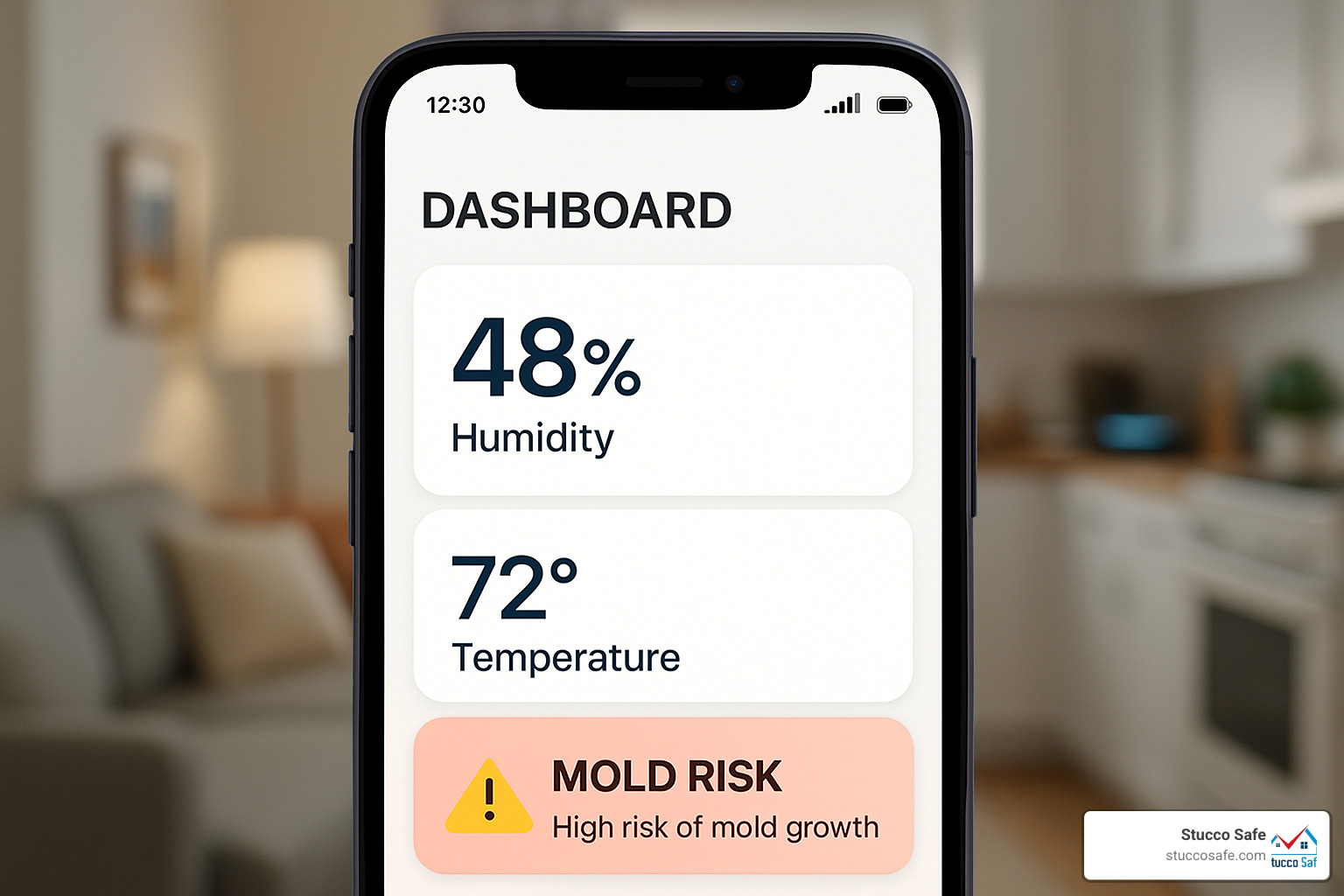 smartphone app dashboard showing humidity levels, temperature readings, and mold risk alerts - mold test