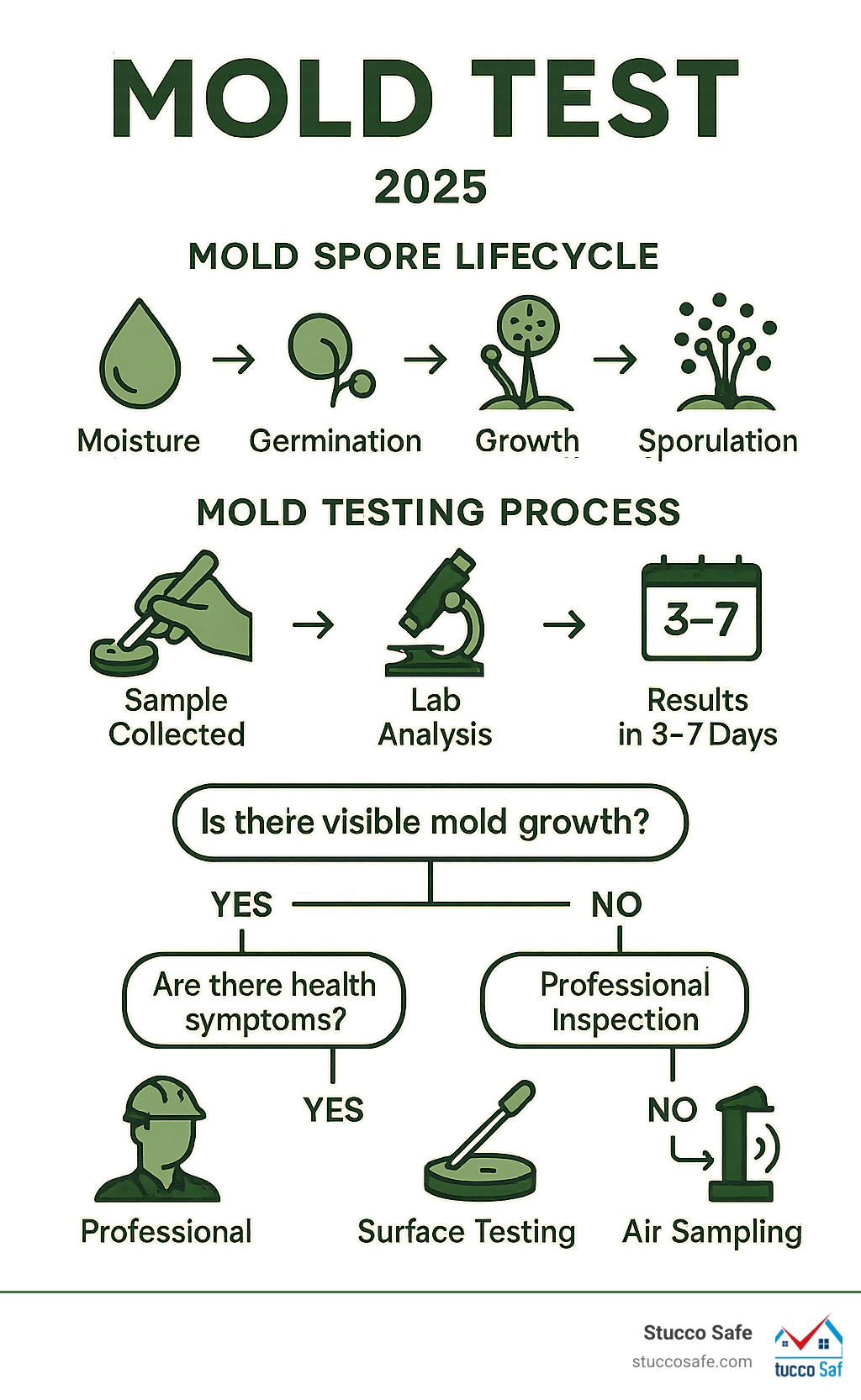 Infographic showing mold spore lifecycle from moisture exposure through growth phases, testing timeline from sample collection to lab results in 3-7 days, and decision tree for choosing between air sampling, surface testing, and professional inspection based on visible growth and health symptoms - mold test infographic 