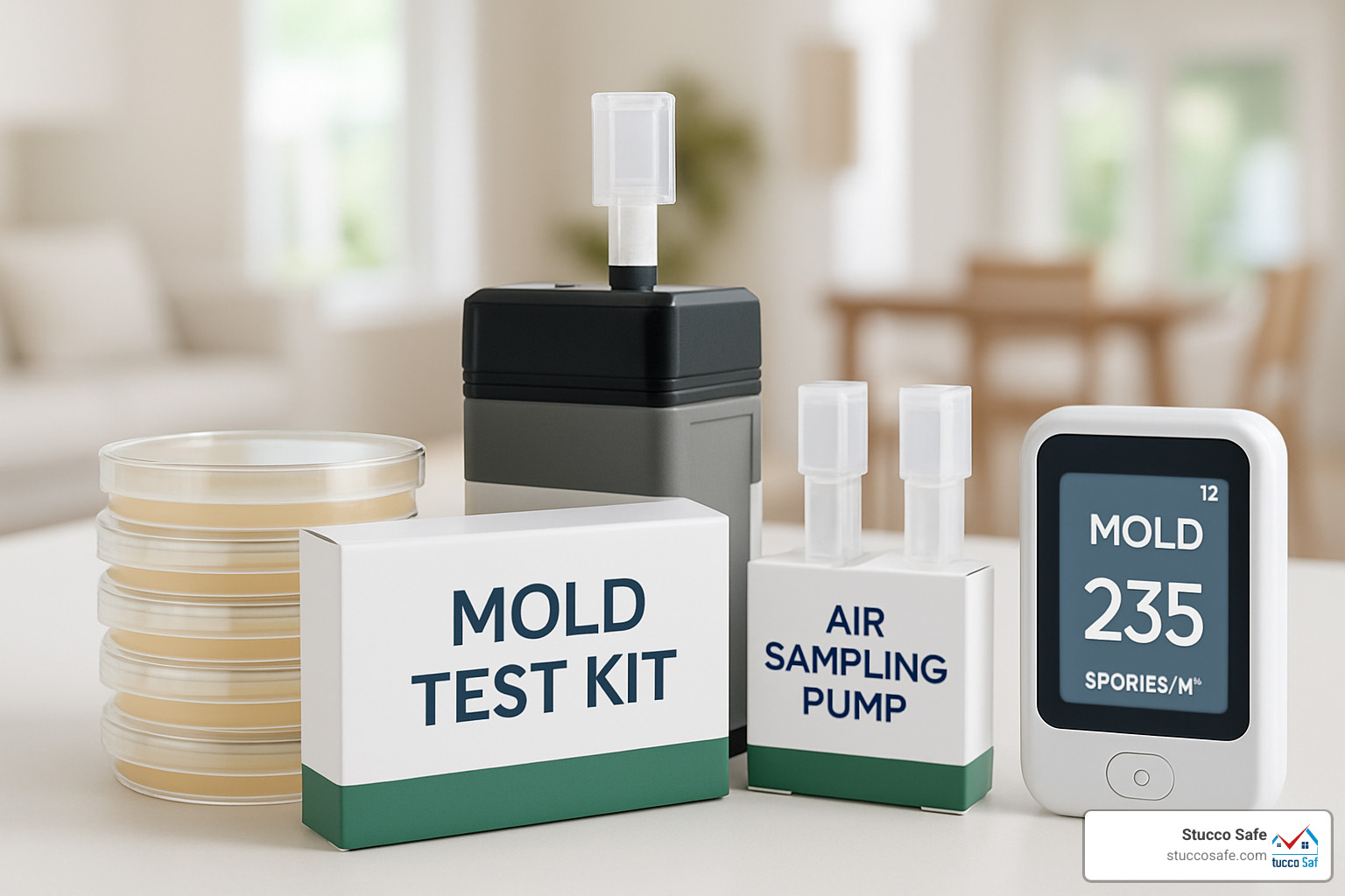 assorted mold test kits including petri dishes, air sampling pumps, and smart monitoring devices - mold test