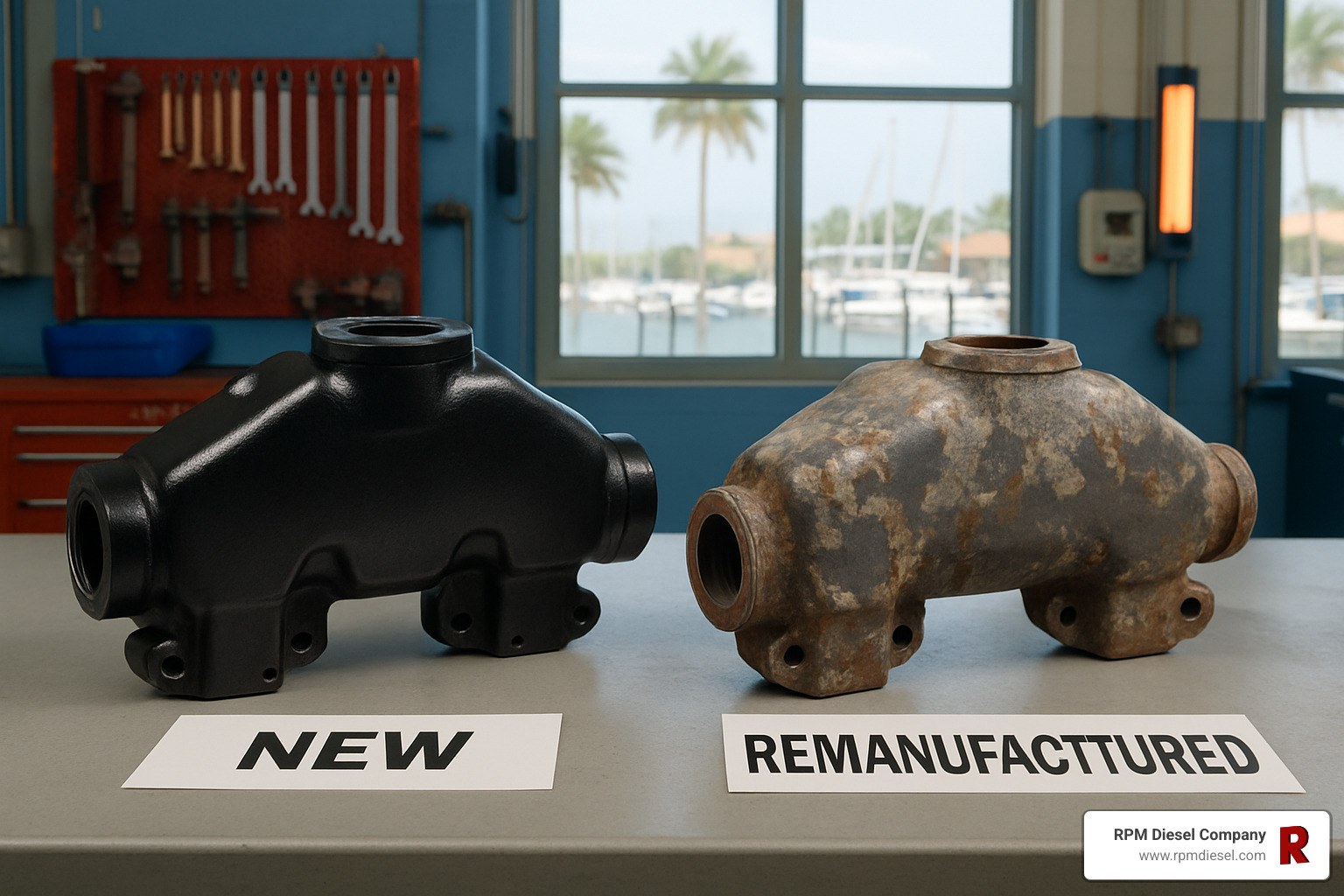 comparison of new OEM part versus remanufactured component - boat engine parts Miami