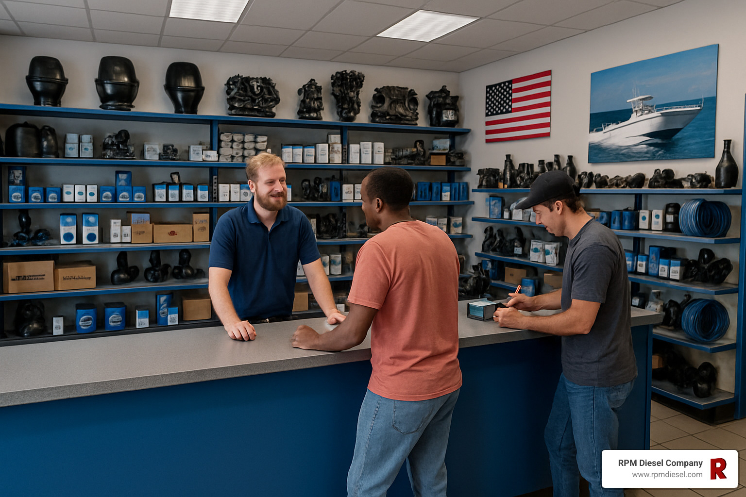 local marine parts counter with staff helping customers - boat engine parts Miami