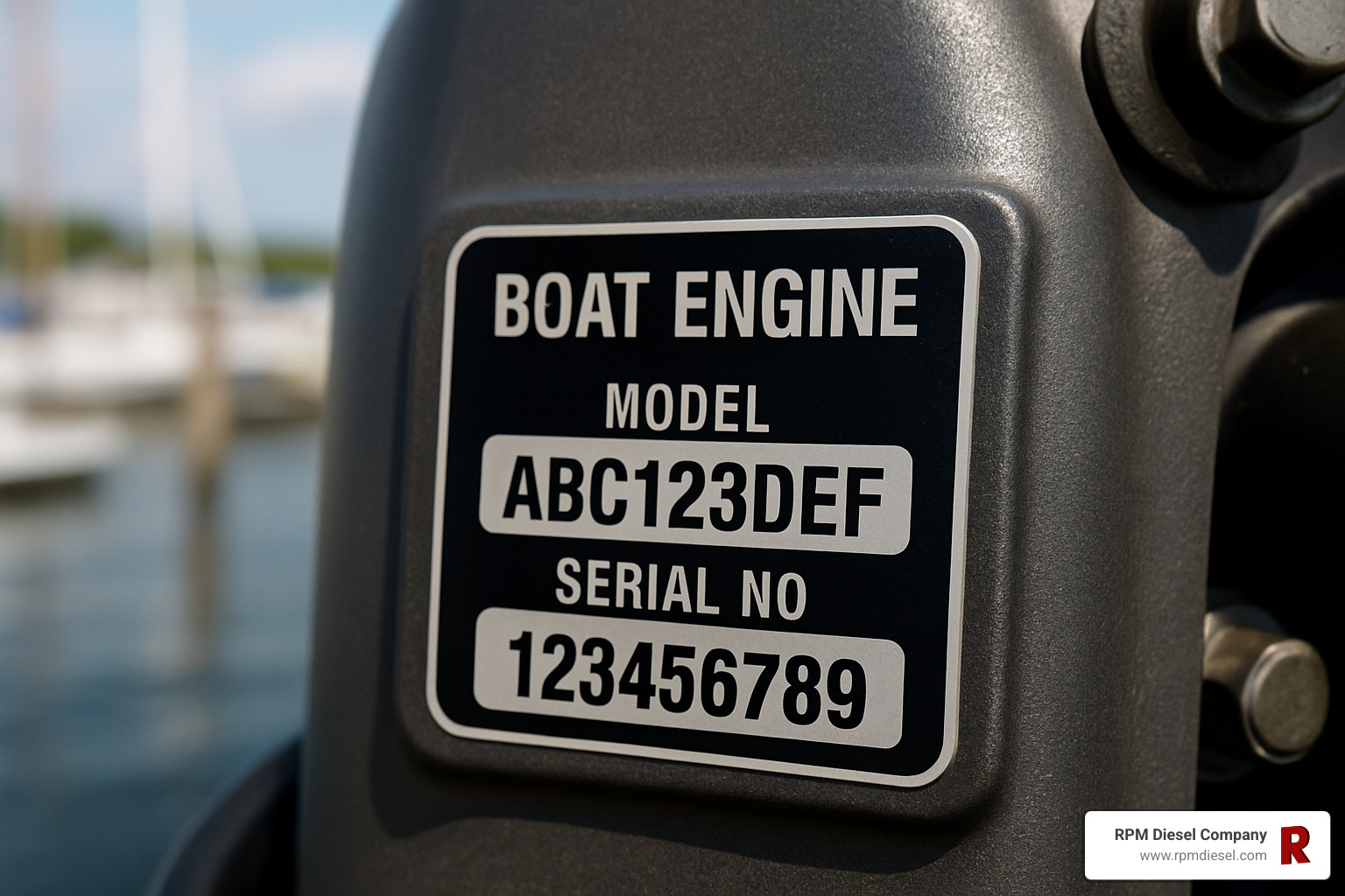 engine data plate showing model and serial number location - boat engine parts Miami
