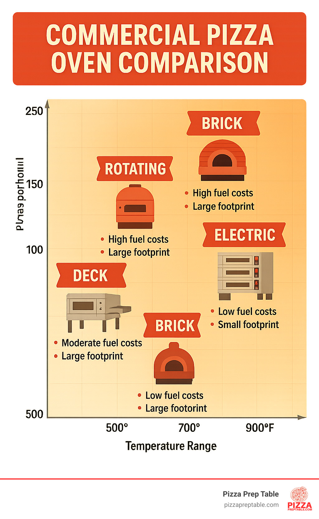 Infographic showing commercial pizza oven comparison chart with oven types (deck, conveyor, brick, rotating, electric) mapped against throughput capacity (pizzas per hour) and temperature ranges, including fuel costs and space requirements for each type - commercial pizza oven infographic 