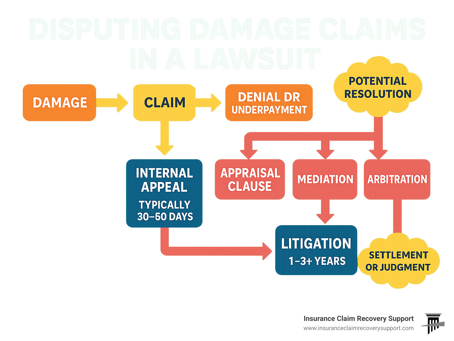 Comprehensive infographic showing the lifecycle of an insurance claim dispute from initial damage through potential lawsuit resolution, including key decision points like internal appeals, appraisal clauses, mediation, arbitration, and litigation stages with typical timelines and outcomes - disputing damage claims in a lawsuit infographic 