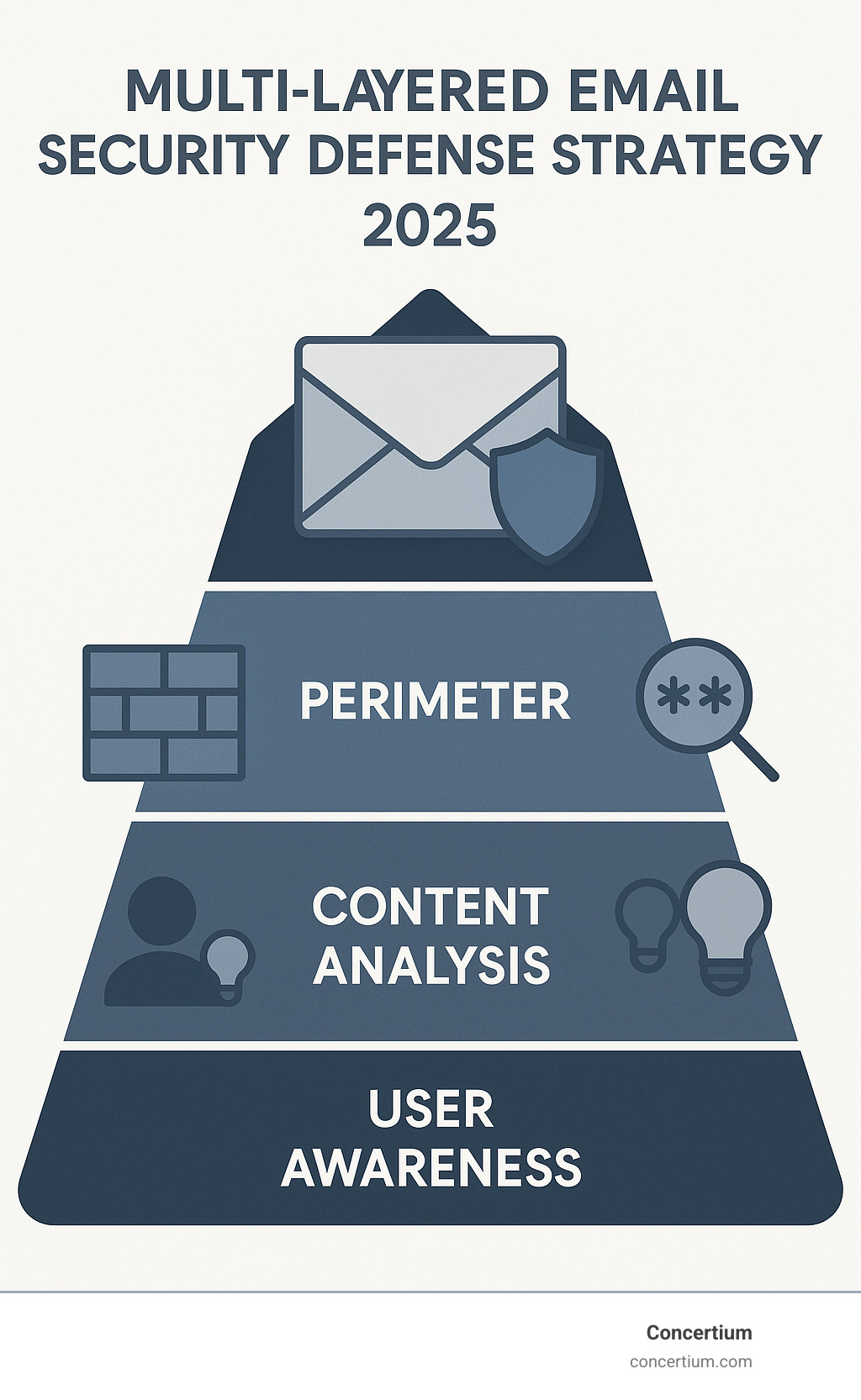 Multi-layered email security defense strategy showing three tiers of protection: perimeter, content analysis, and user awareness - email security issues infographic 