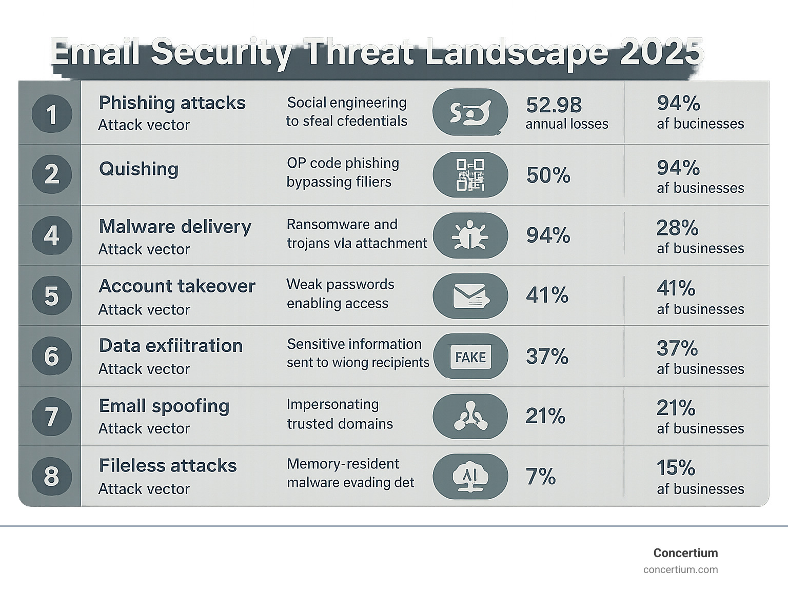 Email Security Threat Landscape Infographic showing the 10 most common email security issues with attack vectors, financial impact statistics, and percentage of businesses affected by each threat type - email security issues infographic 