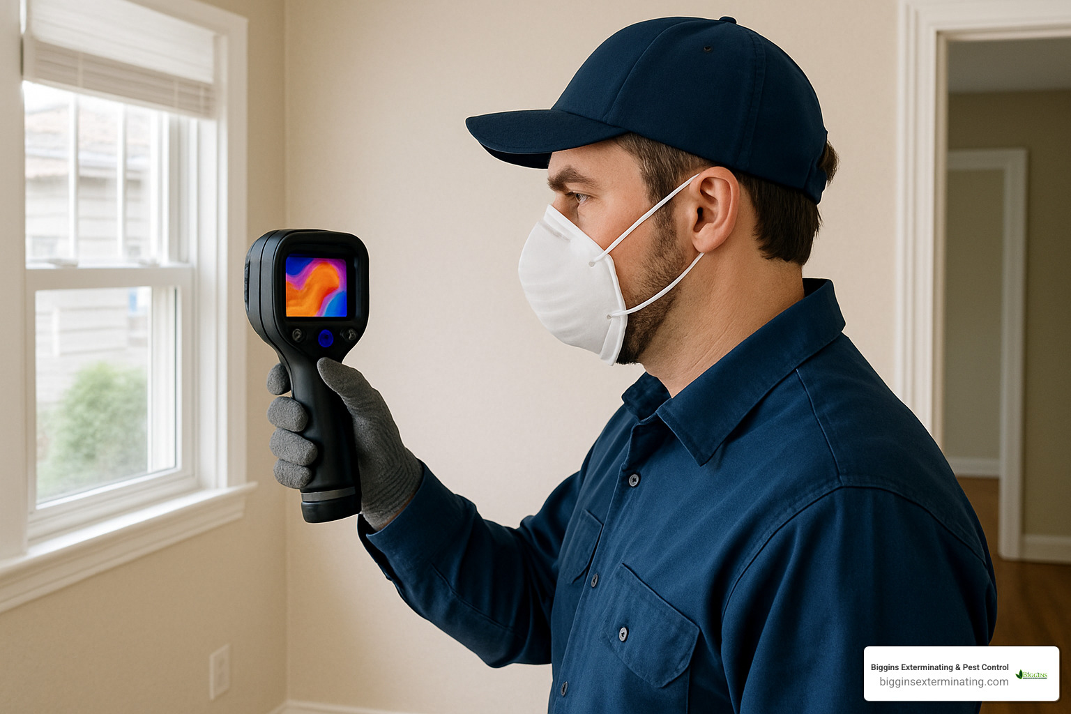 Professional pest inspector using thermal imaging camera to detect hidden pest activity - Pest Home Insepction Anodver MA