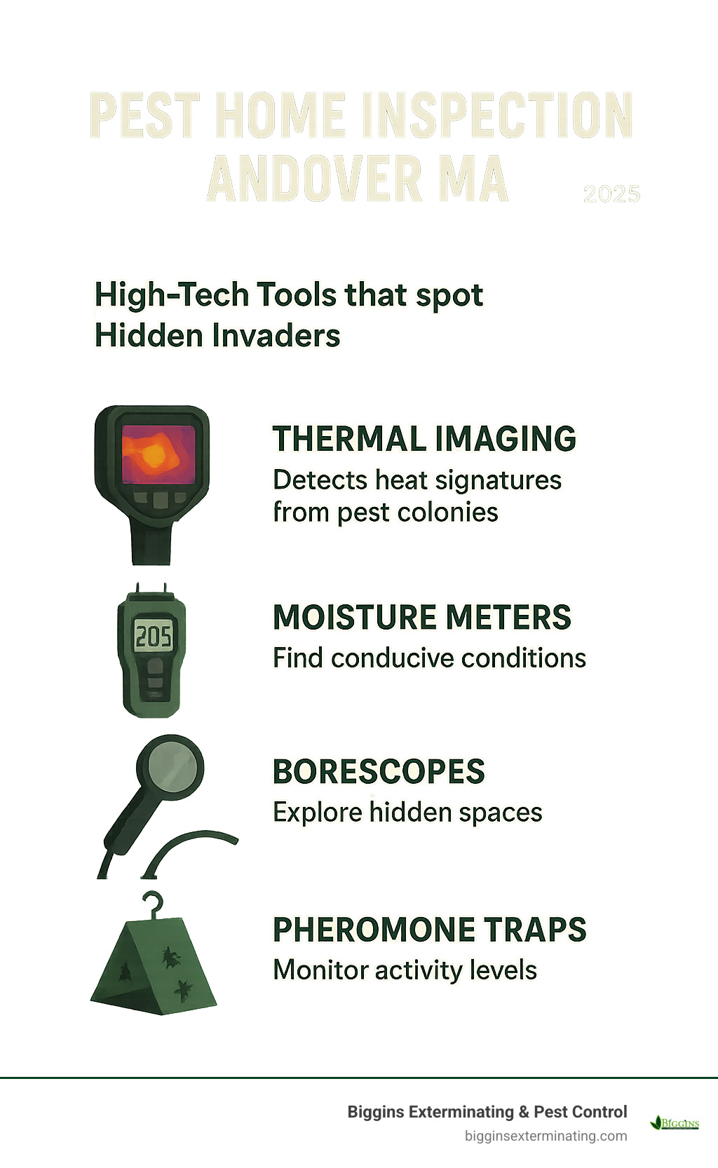 Infographic showing benefits of pest inspection technology: Thermal imaging detects heat signatures from pest colonies, moisture meters find conducive conditions, borescopes explore hidden spaces, pheromone traps monitor activity levels - Pest Home Insepction Anodver MA infographic 
