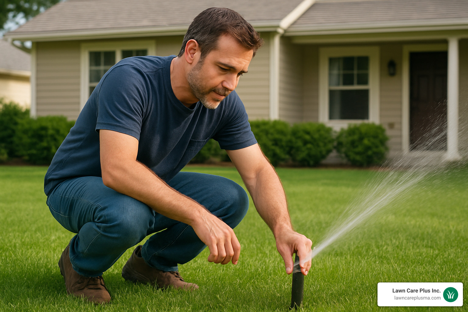 homeowner checking automatic sprinkler system coverage and adjusting spray patterns - best lawncare near me