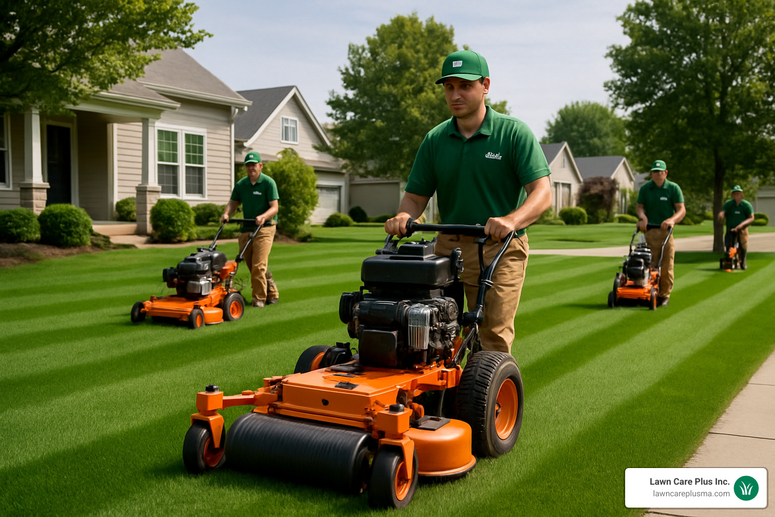 professional lawn care crew using commercial striping equipment on residential property - best lawncare near me