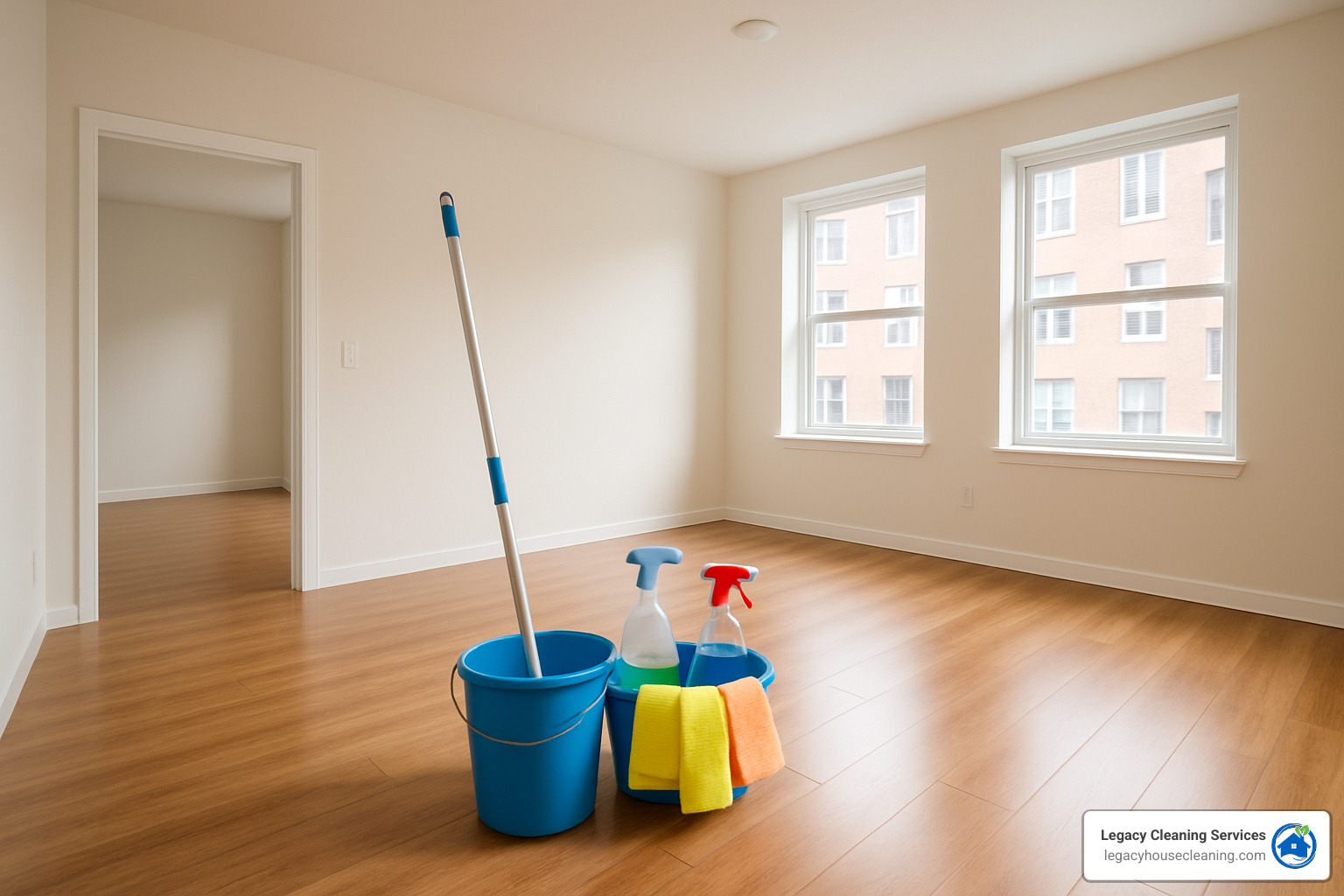 Empty apartment with cleaning supplies and equipment ready for professional move-out cleaning - apartment move out cleaning services