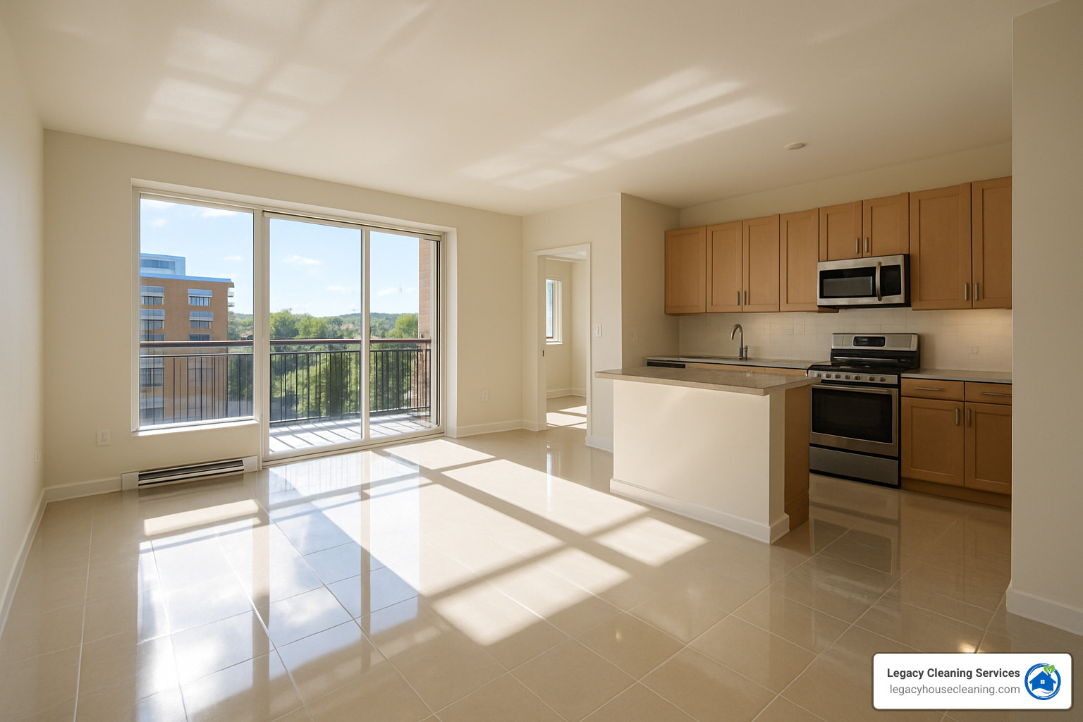 Sparkling clean apartment interior with sunlight streaming through clean windows - apartment move out cleaning services
