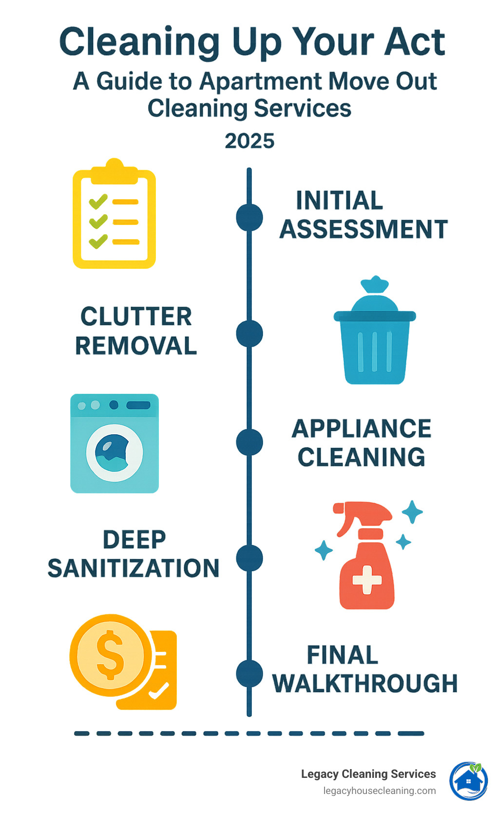 Detailed timeline showing apartment move-out cleaning process from initial assessment through final walkthrough, including key tasks like appliance cleaning, deep sanitization, and deposit recovery steps - apartment move out cleaning services infographic