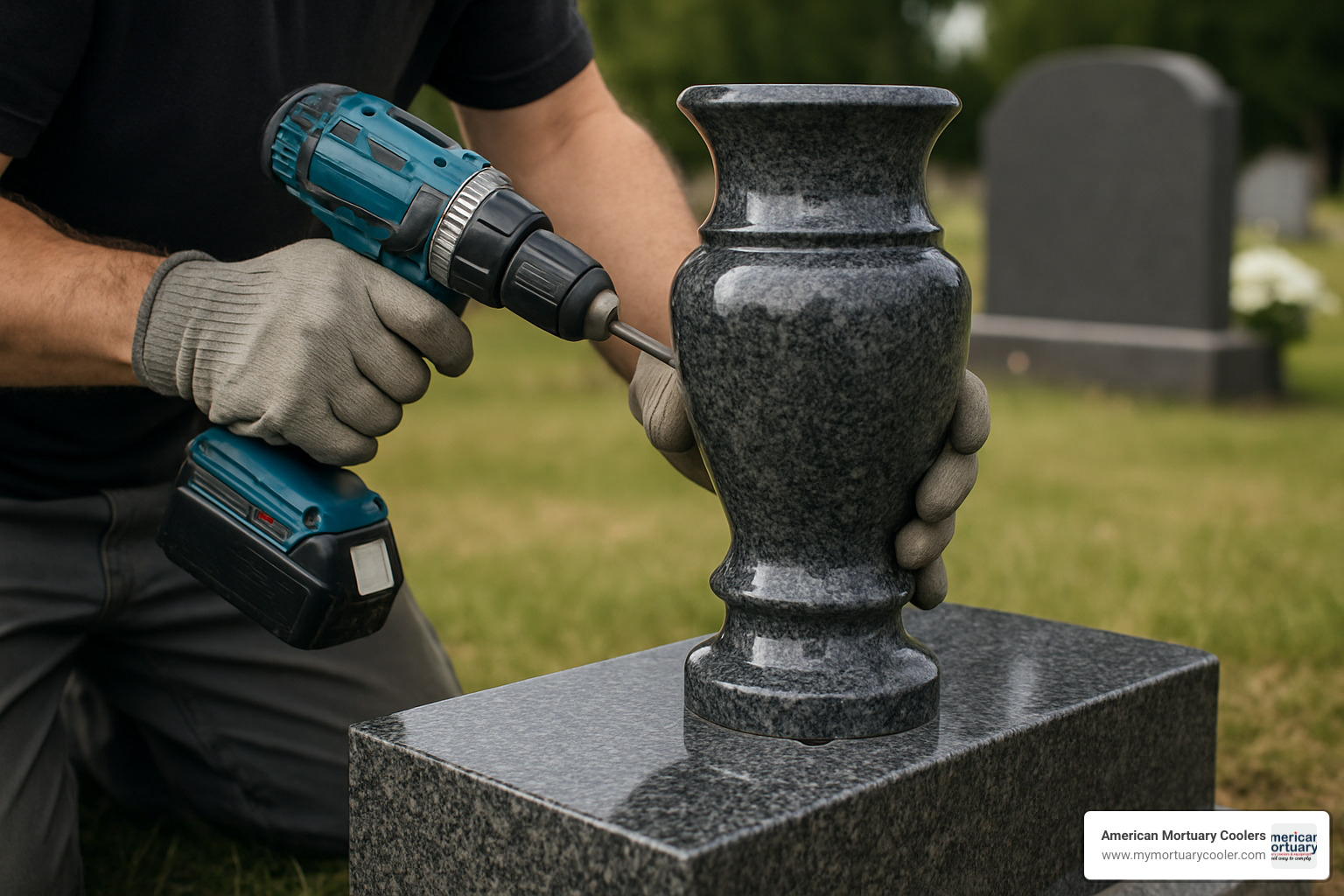 Installation process showing drill and mount technique - vases for headstones near me