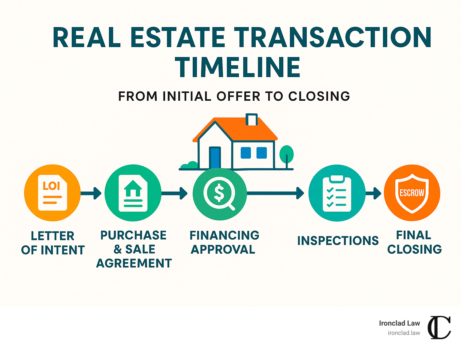 Infographic showing the real estate transaction timeline from initial offer through closing, highlighting key negotiation points including Letter of Intent, Purchase & Sale Agreement, due diligence period, financing approval, inspections, and final closing with escrow - real estate negotiation lawyer infographic
