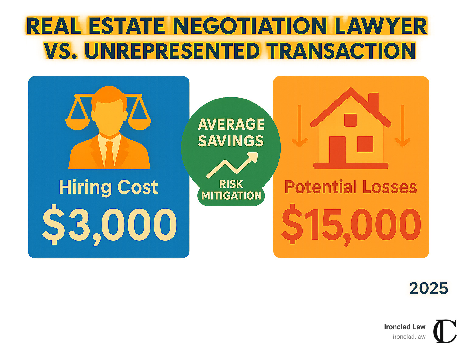 Infographic comparing costs of hiring a real estate negotiation lawyer versus potential losses from unrepresented transactions, showing average savings and risk mitigation benefits - real estate negotiation lawyer infographic