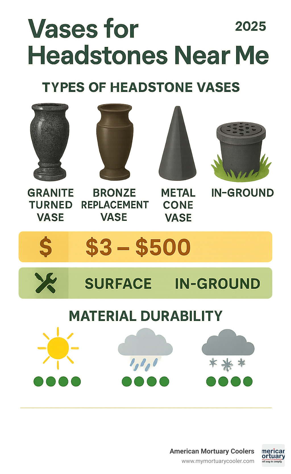 Comprehensive guide showing types of headstone vases including granite turned vases, bronze replacement vases, metal cone vases, and in-ground options with installation methods, price ranges from $3-$500, and material durability ratings for different weather conditions - vases for headstones near me infographic 