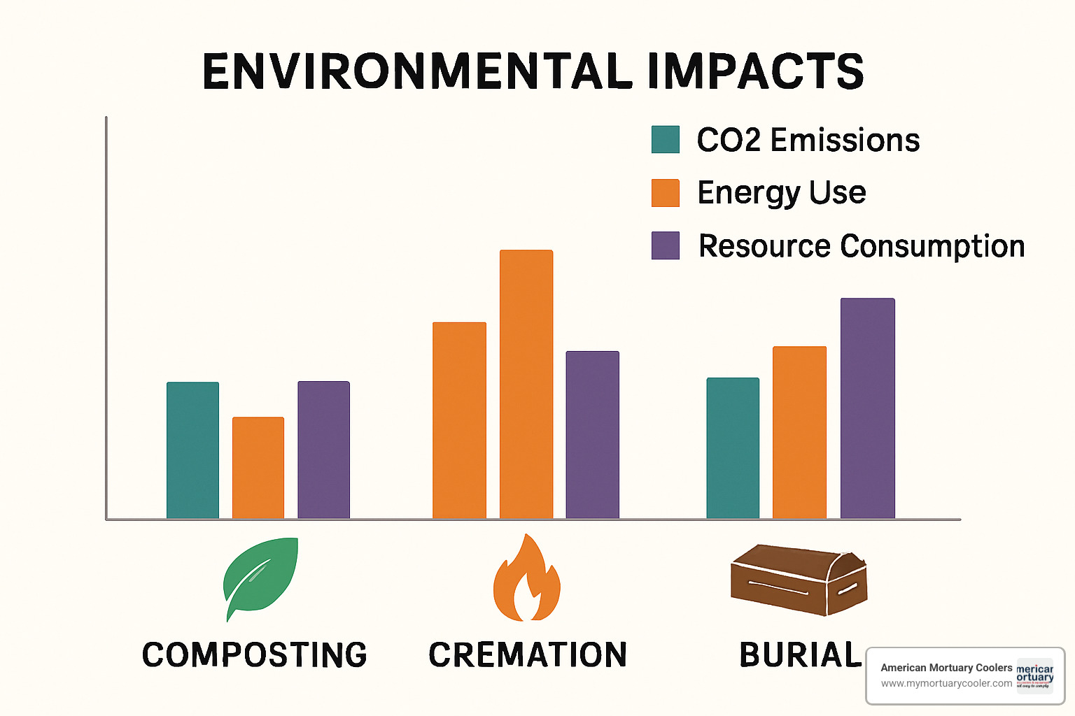 Environmental impact comparison bar chart showing CO2 emissions, energy use, and resource consumption for composting, cremation, and burial - composting bodies instead of cremation