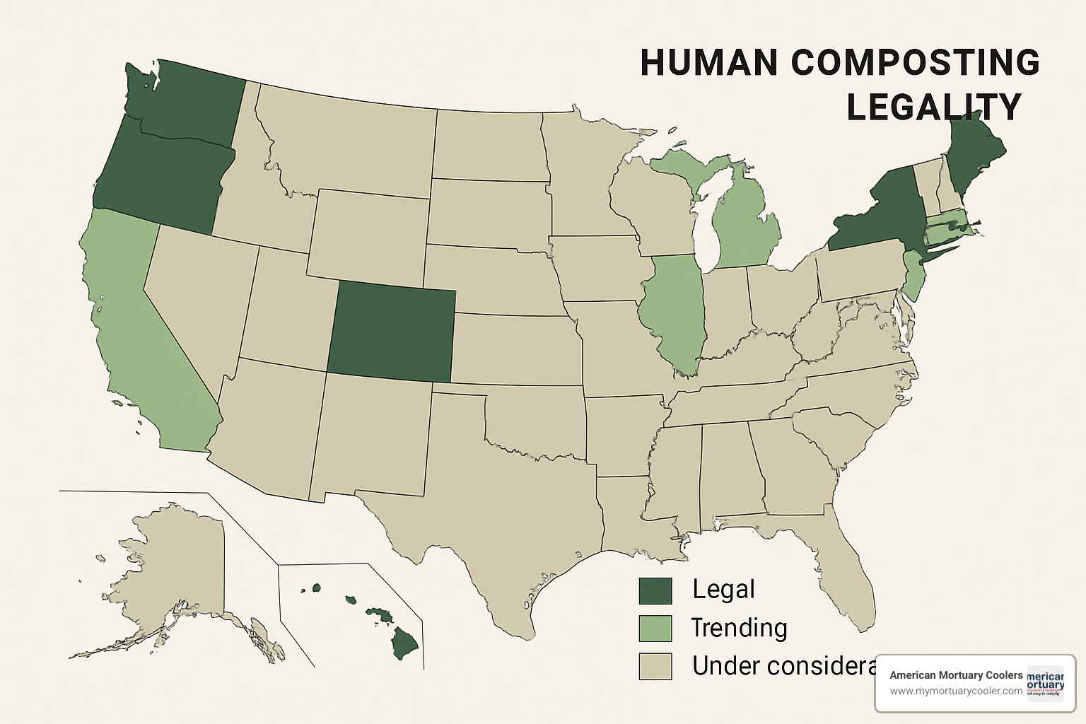 US map showing states where human composting is legal, pending, or under consideration - composting bodies instead of cremation
