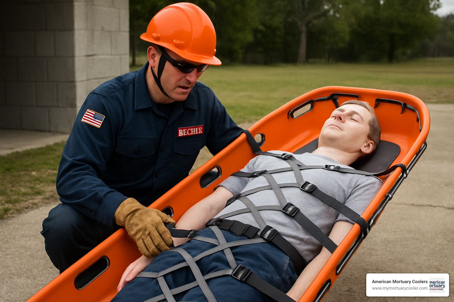 Patient securing technique demonstration showing proper webbing lacing pattern and restraint positioning - basket stretchers