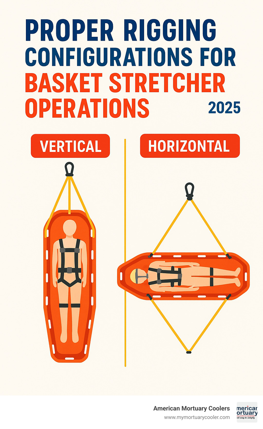 Technical diagram showing proper rigging configurations for vertical vs horizontal basket stretcher operations - basket stretchers infographic 