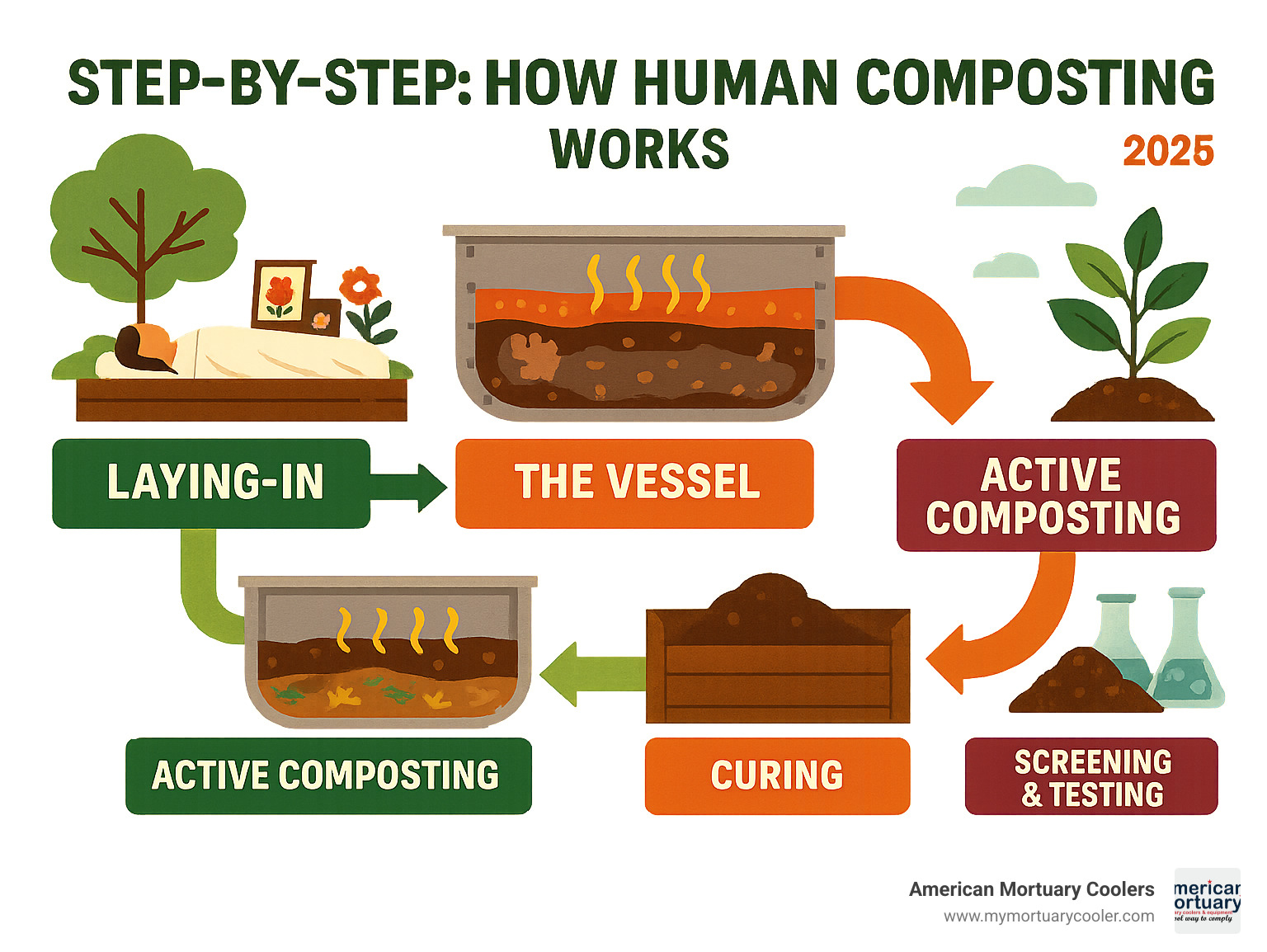 Step-by-step infographic showing the complete human composting process from laying-in ceremony through final soil testing and family return - composting bodies instead of cremation infographic 
