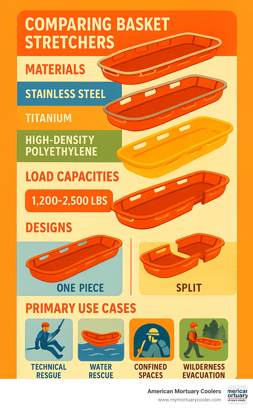 Detailed comparison infographic showing basket stretcher materials, load capacities, one-piece vs split designs, and primary use cases across rescue scenarios - basket stretchers infographic 
