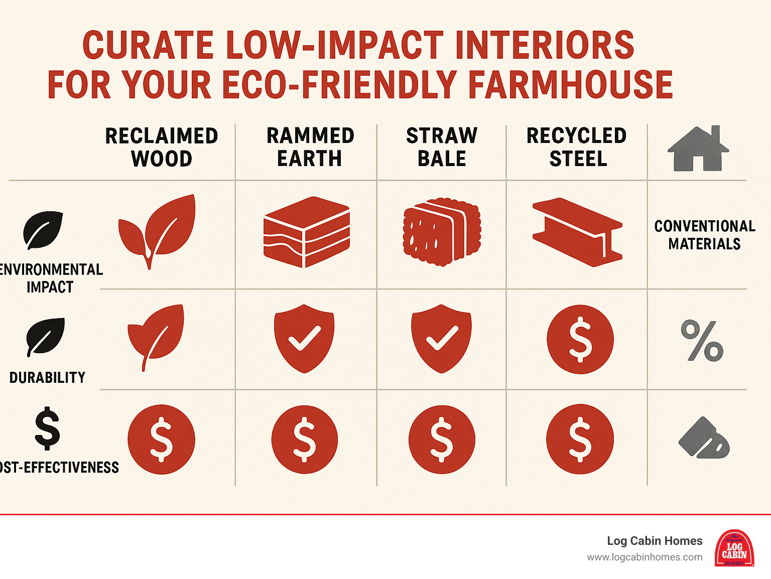 Detailed breakdown of sustainable materials comparison showing environmental impact, durability, and cost-effectiveness of reclaimed wood, rammed earth, straw bale, and recycled steel versus conventional construction materials - eco-friendly farmhouse infographic Detailed breakdown of sustainable materials comparison showing environmental impact, durability, and cost-effectiveness of reclaimed wood, rammed earth, straw bale, and recycled steel versus conventional construction materials - eco-friendly farmhouse infographic