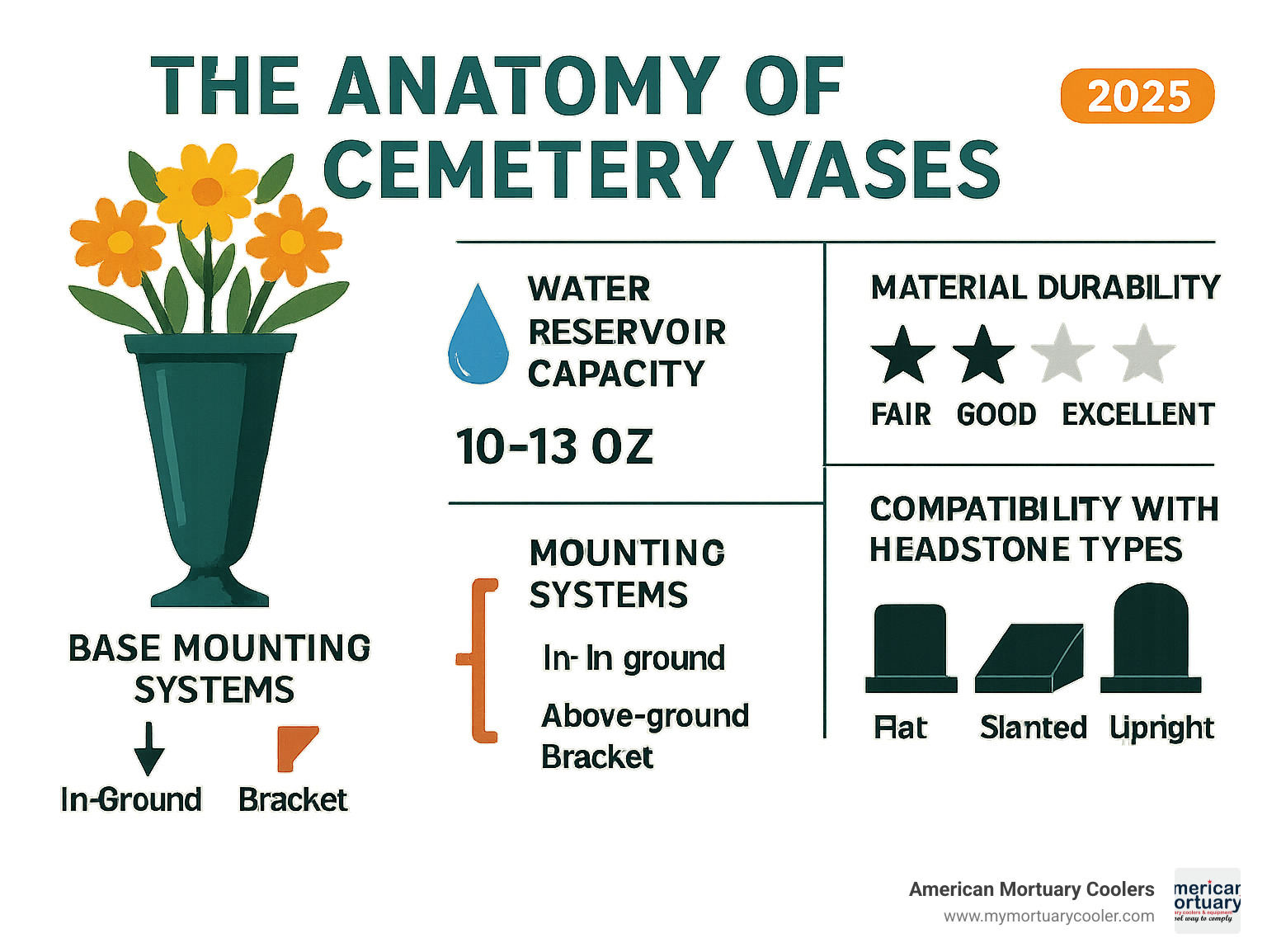 Infographic showing the anatomy of cemetery vases including base mounting systems, water reservoir capacity, material durability ratings, and compatibility with different headstone types - grave flower vases infographic 