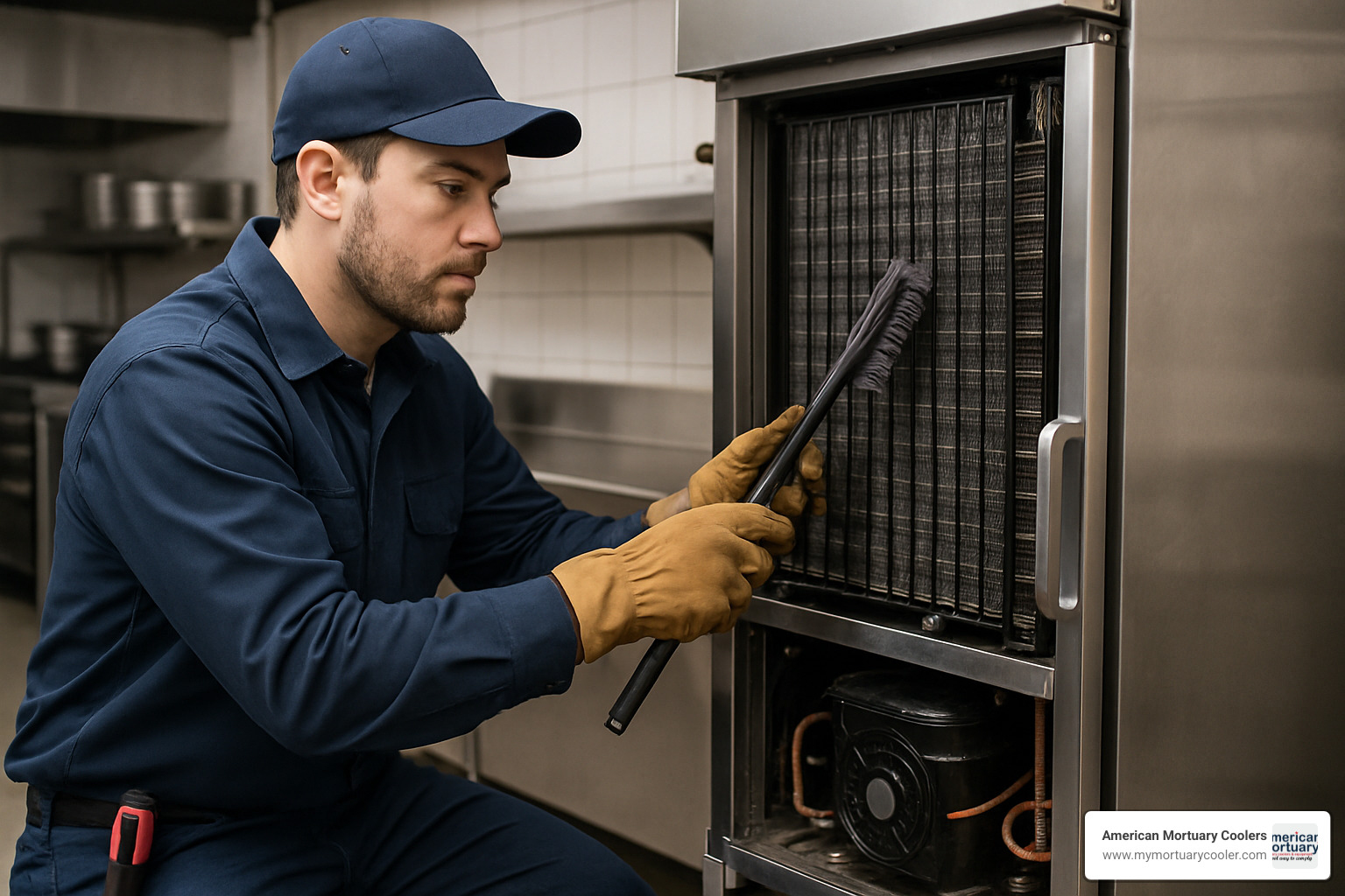 technician cleaning condenser coils on commercial refrigerator - single door commercial refrigerator