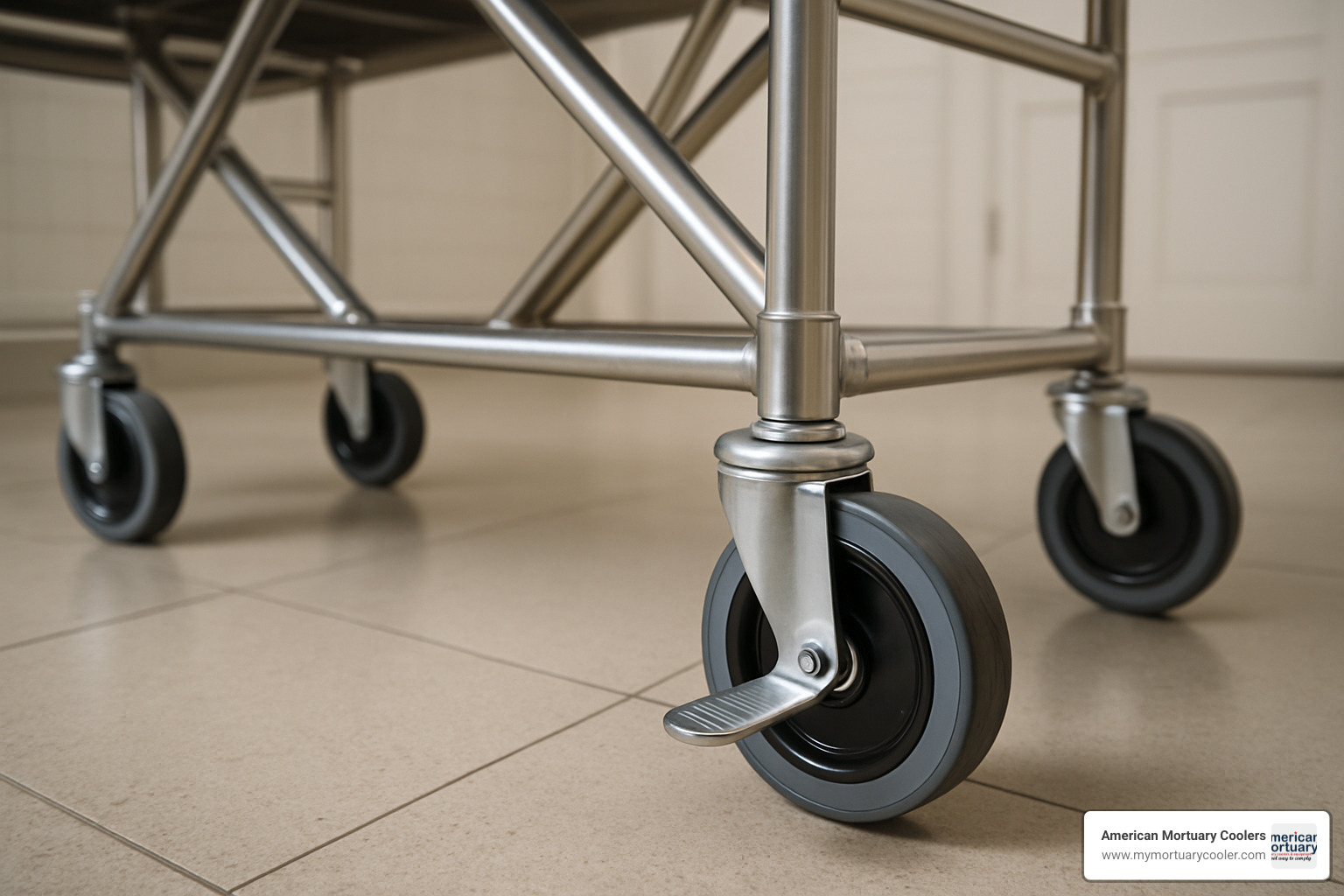 closeup of mortuary table wheels and locking mechanisms - mortuary folding dressing table