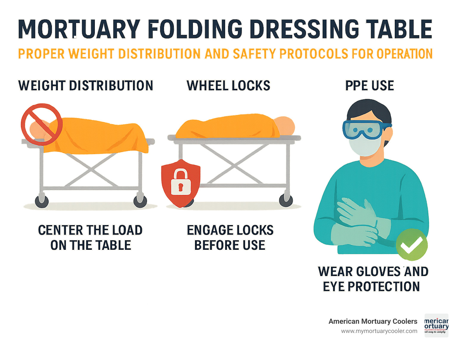 Infographic showing proper weight distribution and safety protocols for mortuary folding dressing table operation - mortuary folding dressing table infographic 