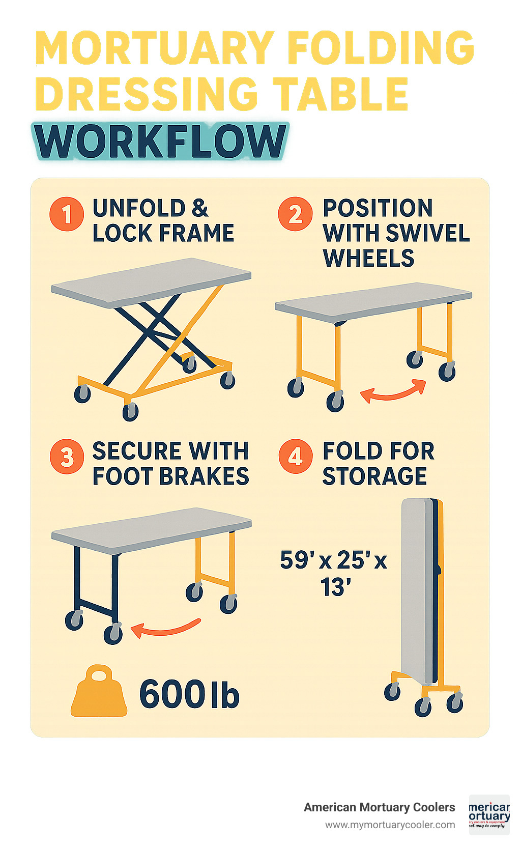 Infographic showing mortuary folding dressing table workflow from unfolding and locking the frame, positioning with swivel wheels, securing with foot brakes, and folding for compact storage with dimensions and load capacity specifications - mortuary folding dressing table infographic 