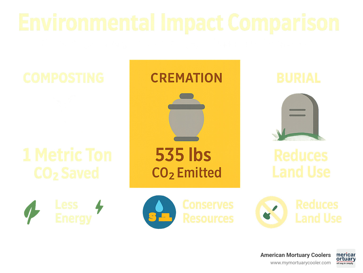 Environmental impact comparison showing CO2 savings, energy reduction, and resource conservation between composting, cremation, and burial - composting a body infographic 