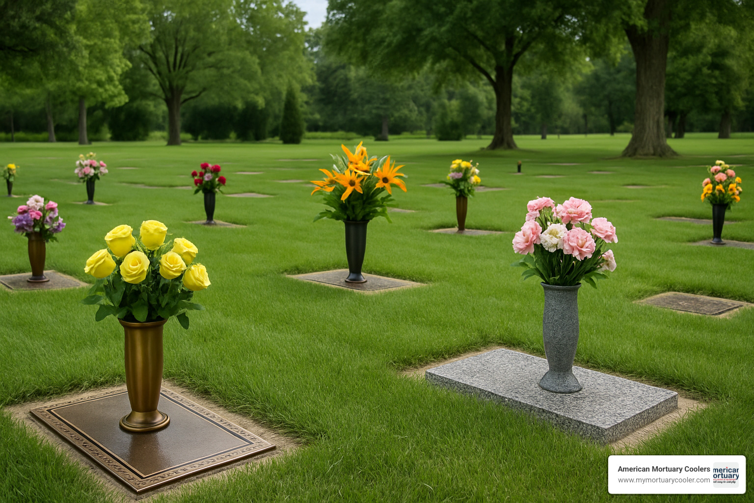 Peaceful cemetery scene showing various funeral vase styles and installations, demonstrating the lasting beauty and dignity that quality memorial products provide to families and their loved ones - funeral vase