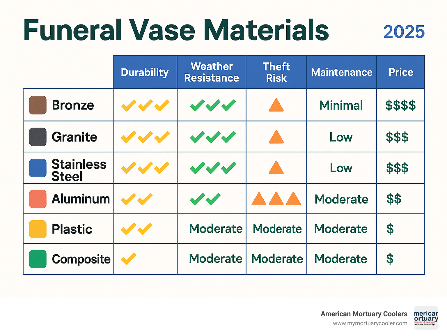 Comprehensive material comparison table showing durability ratings, weather resistance, theft risk, maintenance requirements, and price ranges for bronze, granite, stainless steel, aluminum, plastic, and composite funeral vase materials - funeral vase infographic 