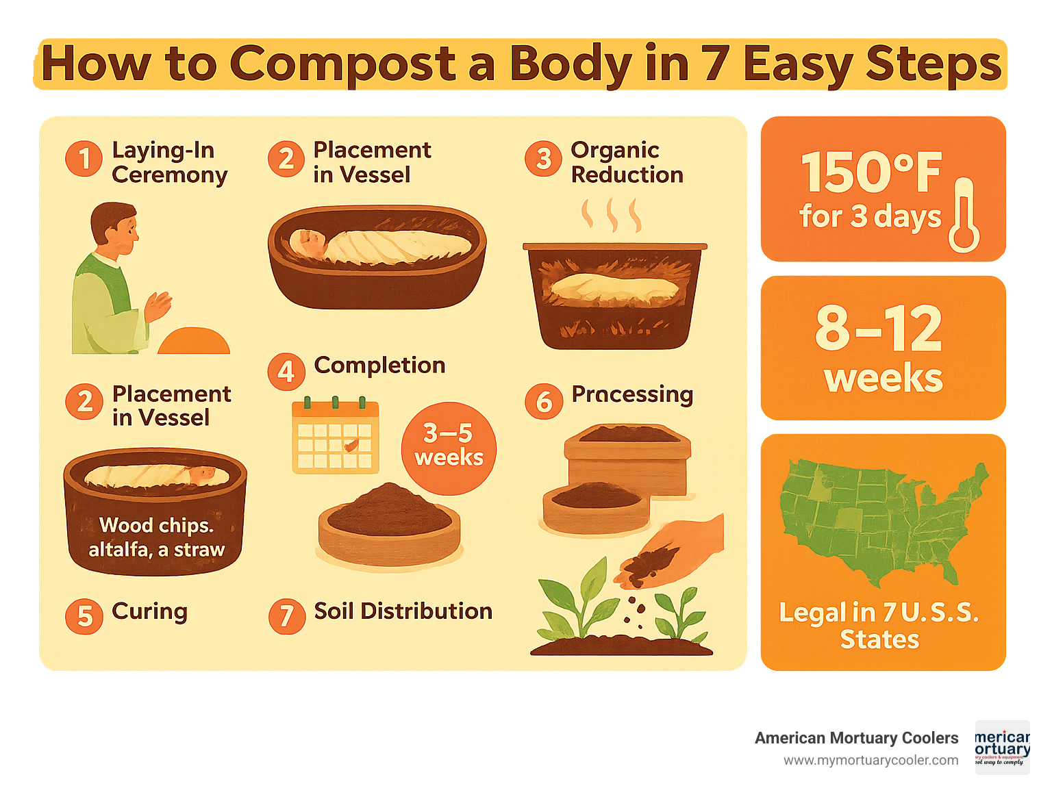 Detailed infographic showing the 7-step human composting process from laying-in ceremony through final soil distribution, including temperature requirements, timeline, and legal considerations - composting a body infographic 