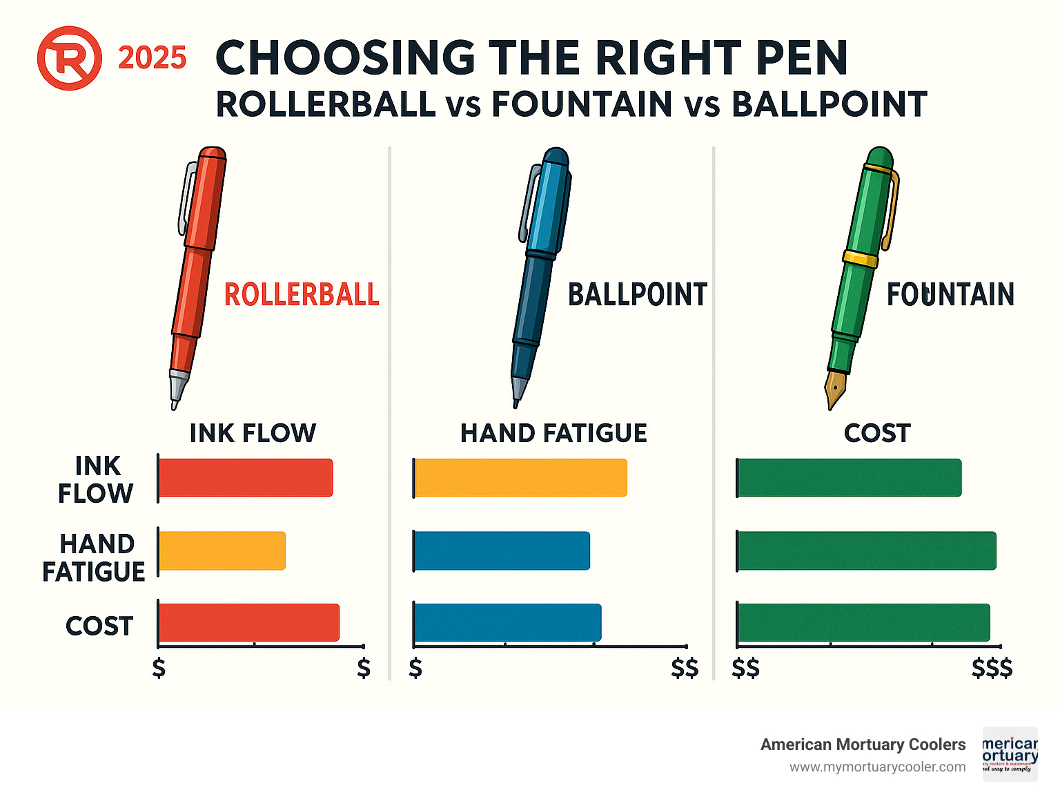 Comprehensive chart showing ink flow comparison, hand fatigue levels, and cost analysis between rollerball, ballpoint, and fountain pen types - roller ball  infographic 