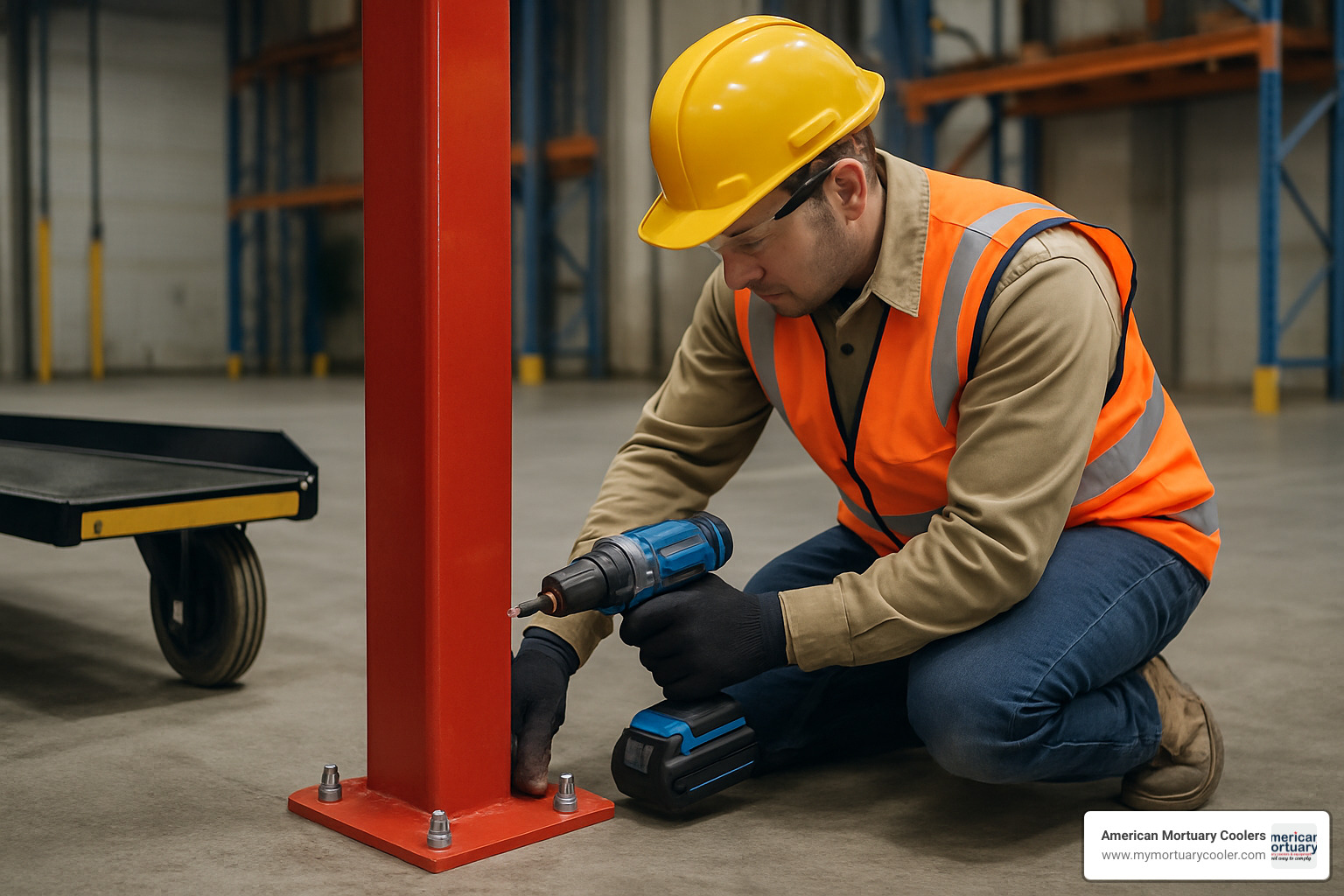 technician anchoring lift to concrete - cart lifts