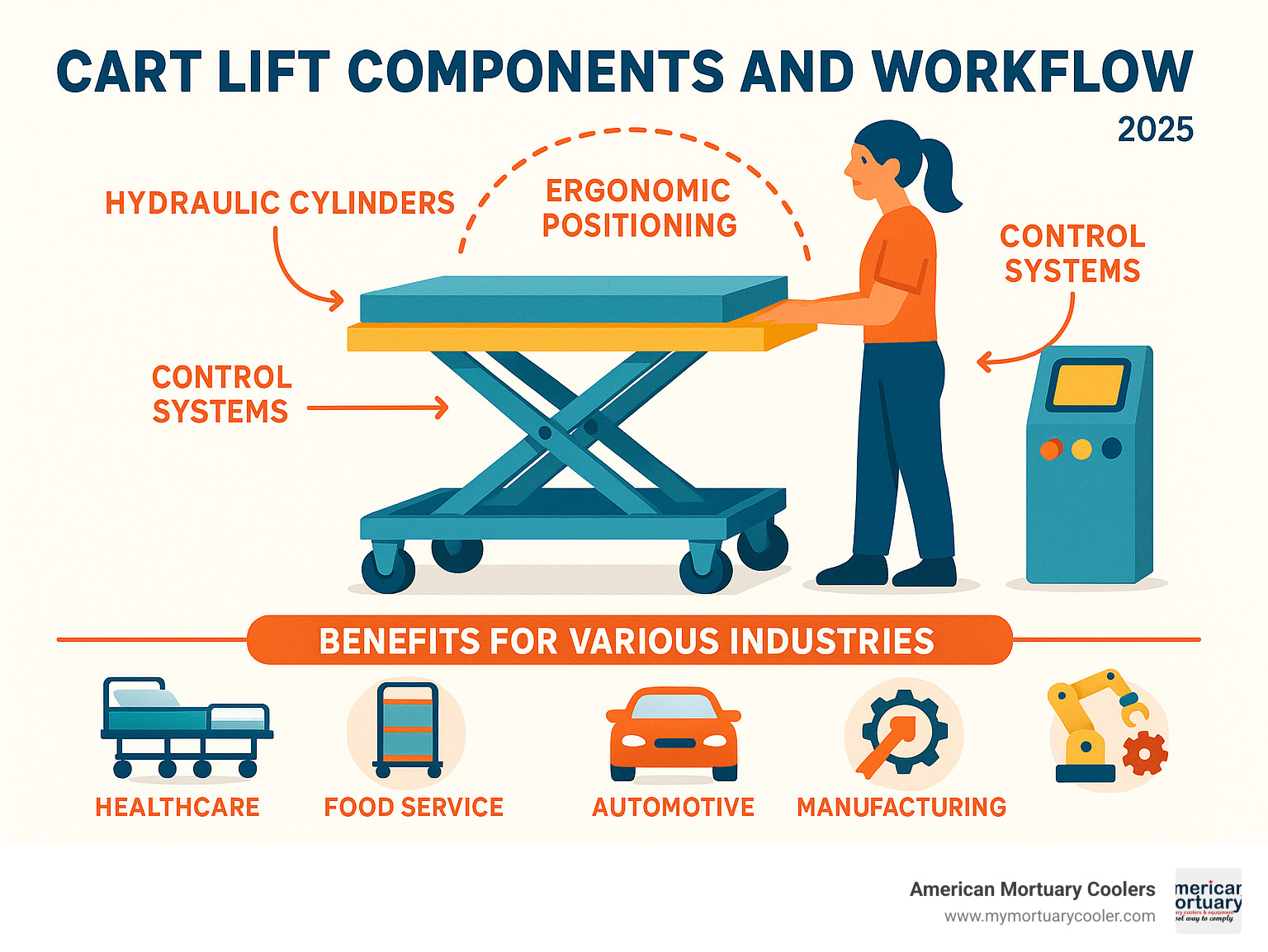 Cart lift components and workflow showing platform, hydraulic cylinders, control systems, and ergonomic positioning benefits for various industries - cart lifts infographic 