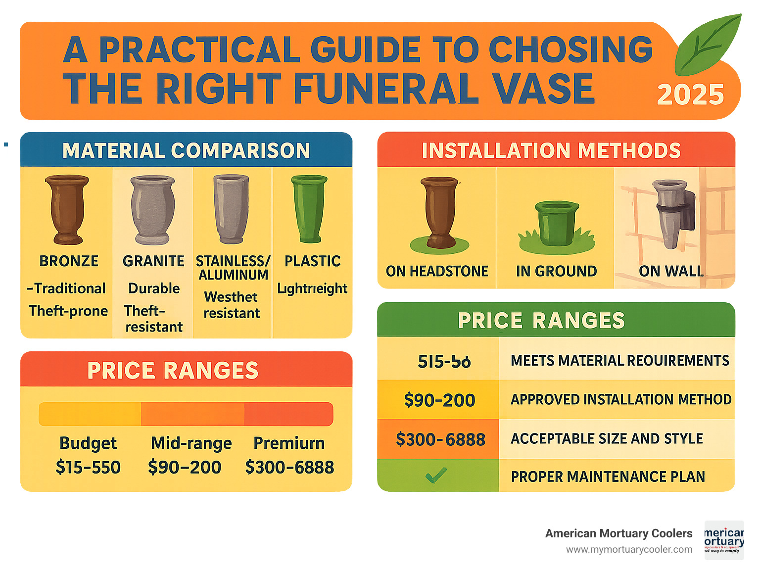 Detailed infographic showing funeral vase selection process including material comparison chart, installation methods for different cemetery types, price ranges by material and style, and cemetery regulation compliance checklist - funeral vase infographic 