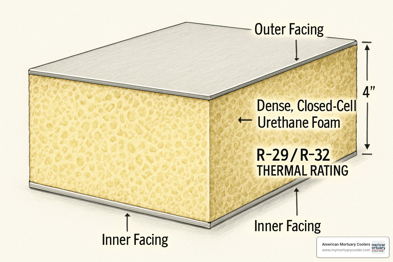 Cross-section view of American Cooler's 4-inch foamed-in-place urethane insulation showing the dense cellular structure that achieves R-29/R-32 thermal ratings - American Cooler