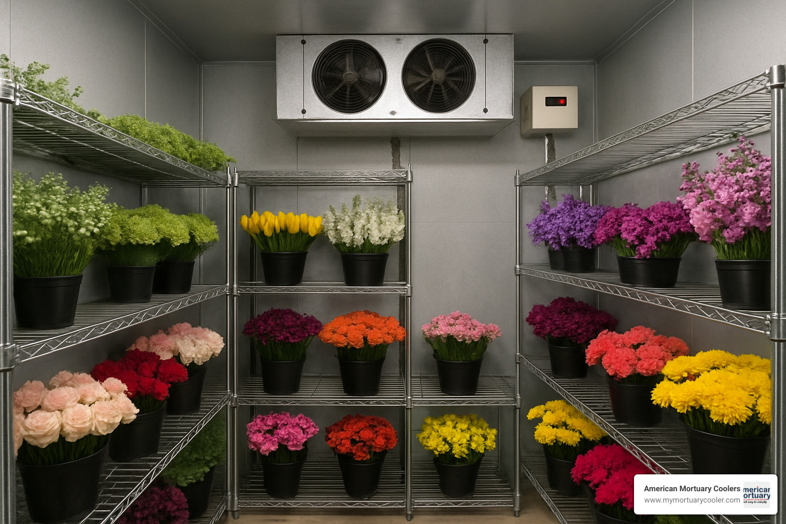 Walk-in floral cooler showing specialized shelving systems and humidity control equipment designed to maintain optimal conditions for cut flower storage - American Cooler