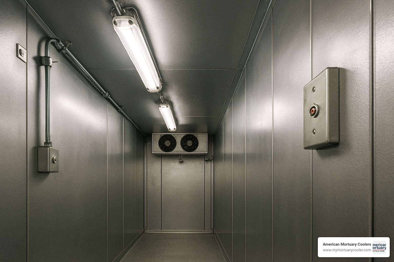 LED lighting package showing vapor-proof fixtures with exterior switches and pilot lights installed in an American Cooler walk-in unit - American Cooler