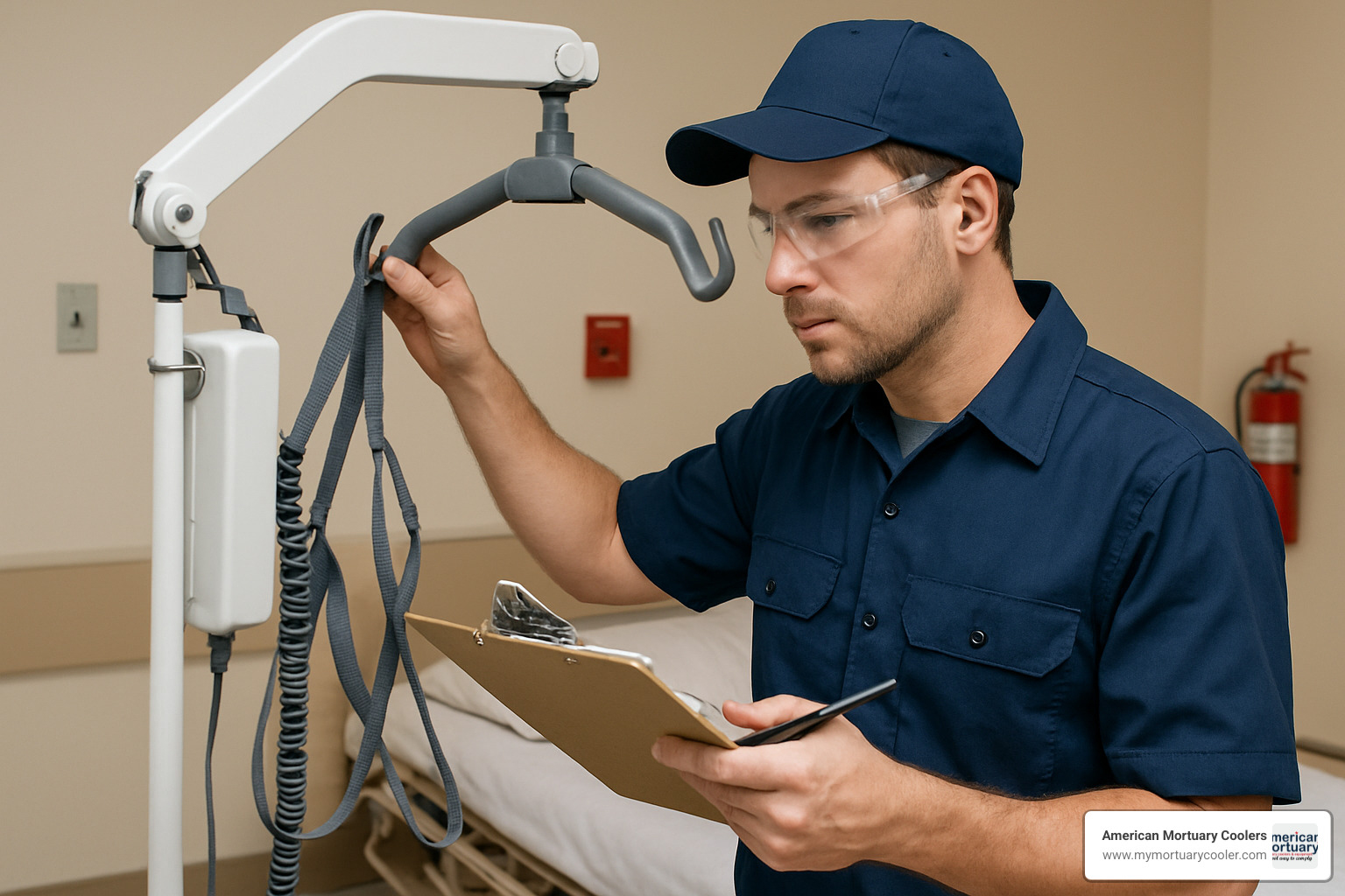 technician inspecting electric patient lift - electric patient lifts
