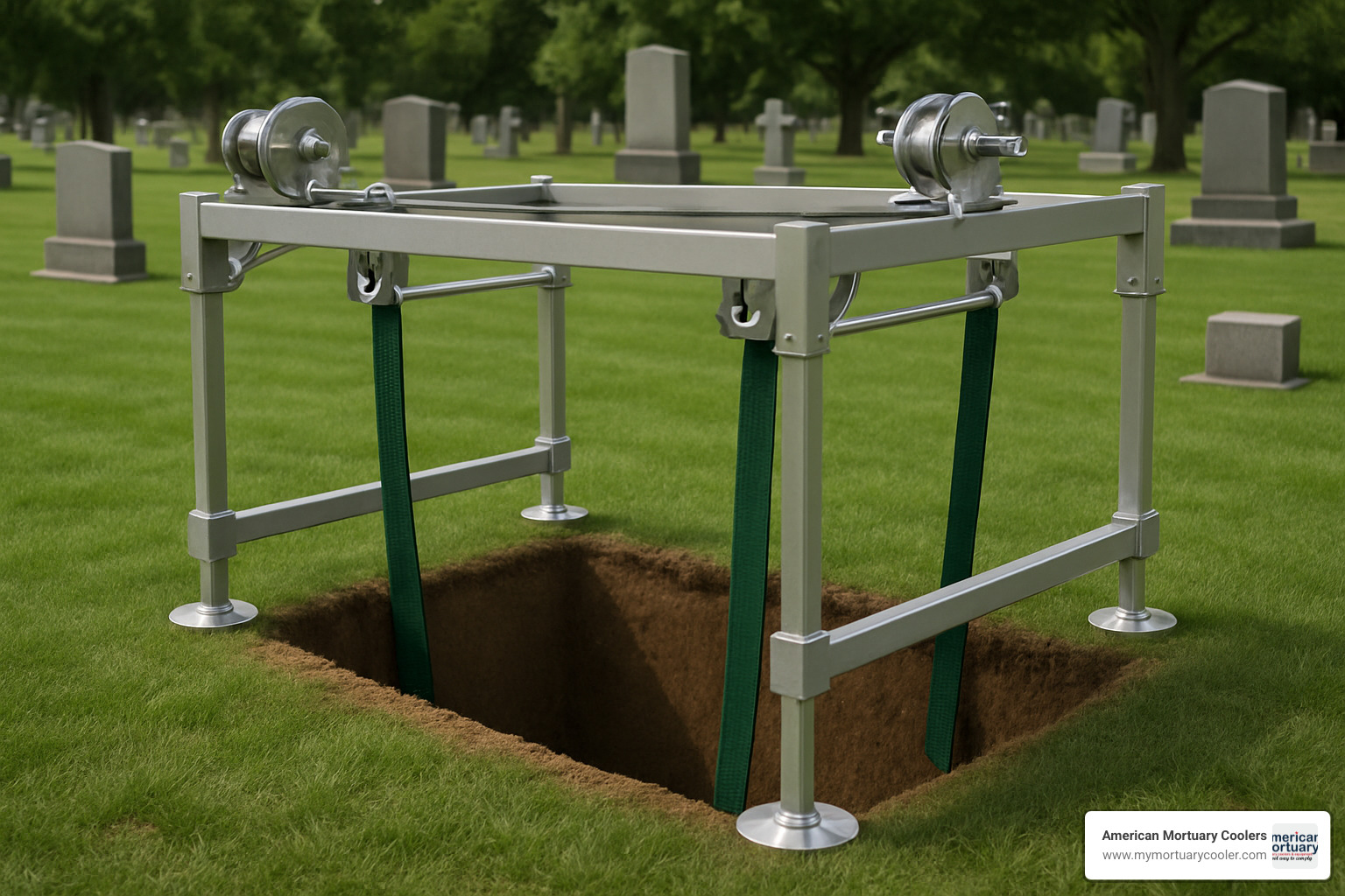 lowering device positioned over grave - burial vault equipment for sale