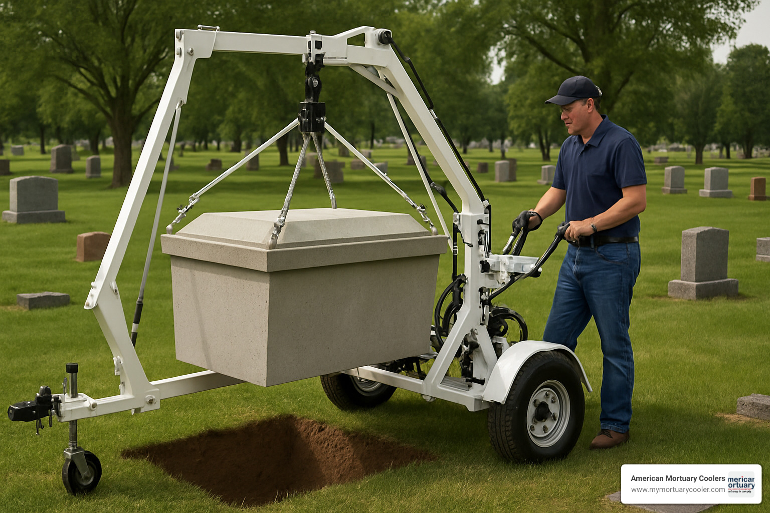 towable vault handler in operation - burial vault equipment for sale