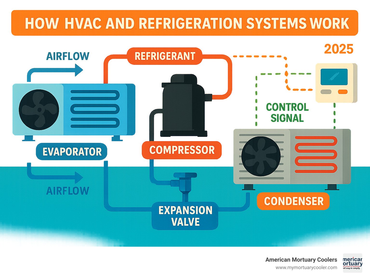 Detailed infographic showing component interaction in HVAC and refrigeration systems, including refrigerant flow, electrical connections, control signals, and airflow patterns - hvac and refrigeration infographic 